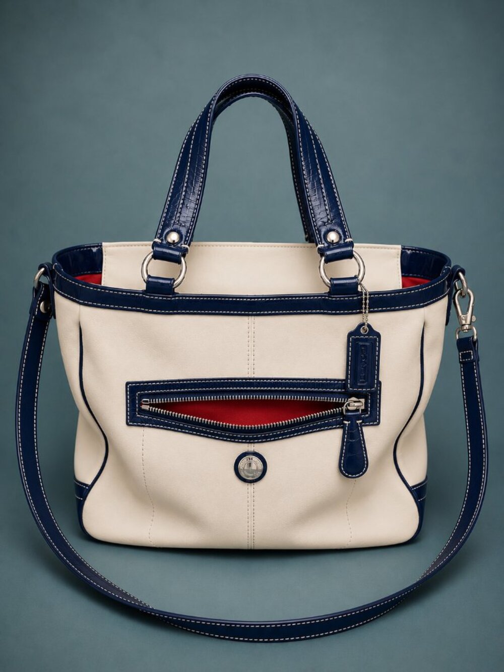 COACH Laura Spectator Carryall Chalk Navy Leather Tote Crossbody Bag - Hang Tag
